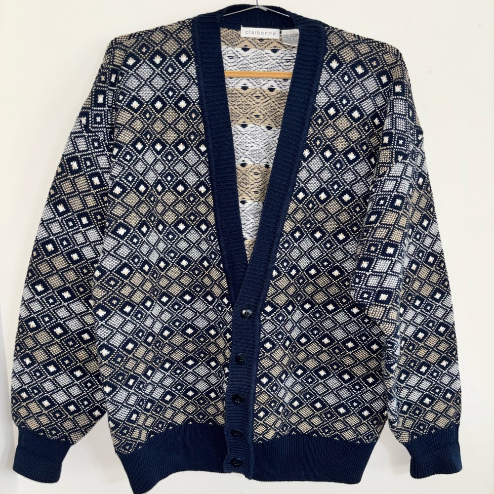 Vtg Clairborne Men Chunky Ribbed Cardigan Sweater Navy Blue large preppy grandpa